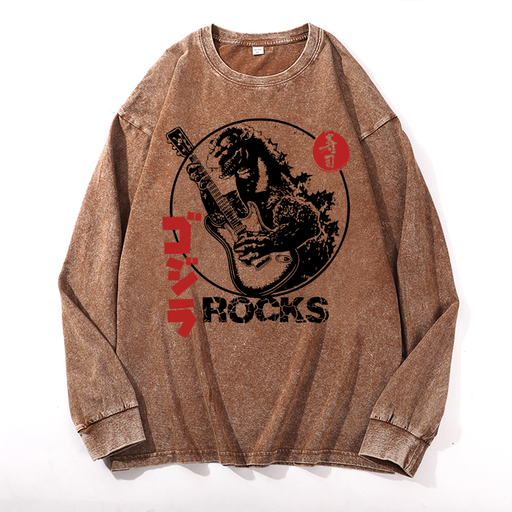Rock Kaiju Vintage Cotton Wash Crewneck Long-Sleeve T-Shirt