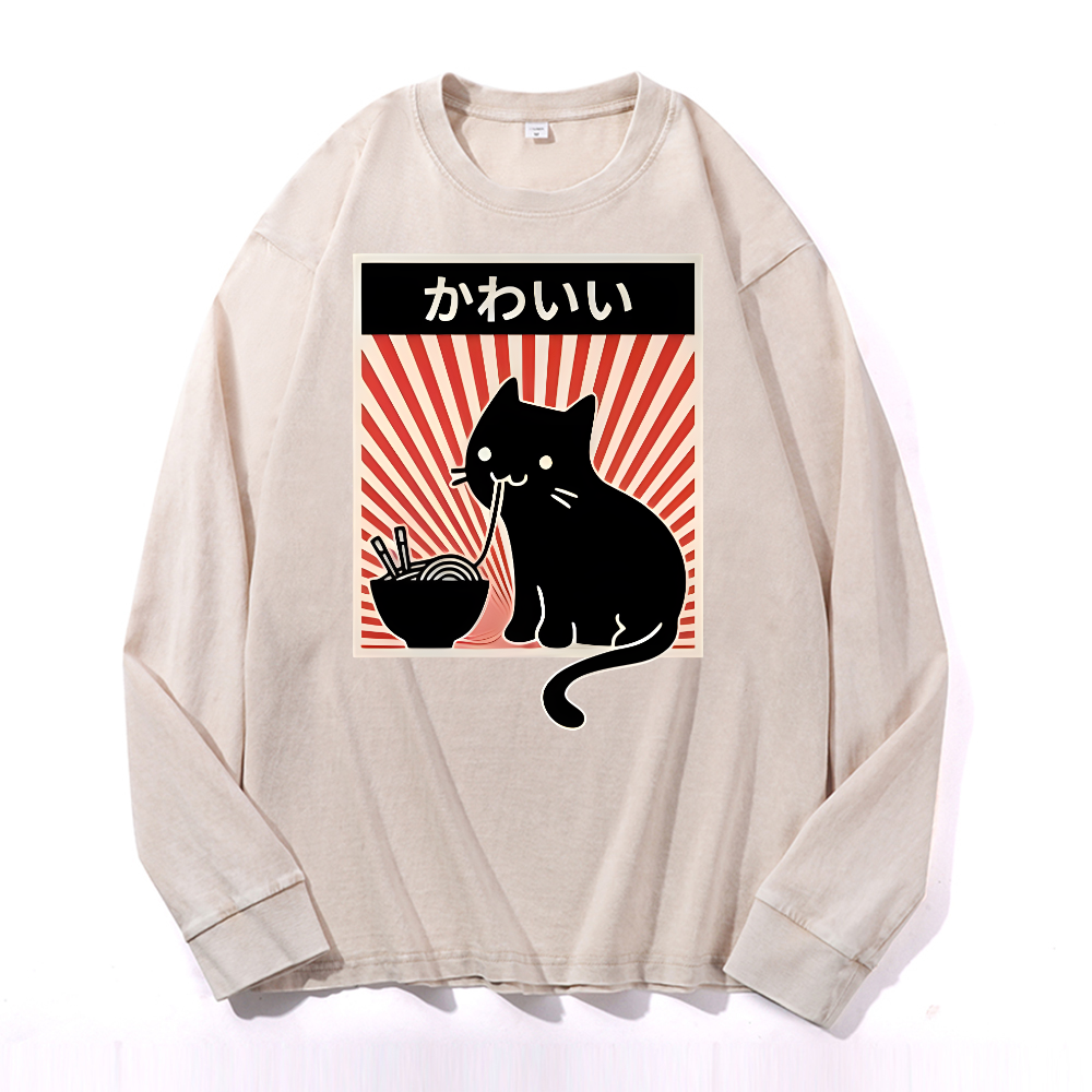 Cat Vintage Cotton Wash Crewneck Long-Sleeve T-Shirt