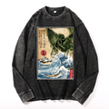 Octopus Ukiyoe Wave Vintage Cotton Wash Crewneck Long-Sleeve T-Shirt