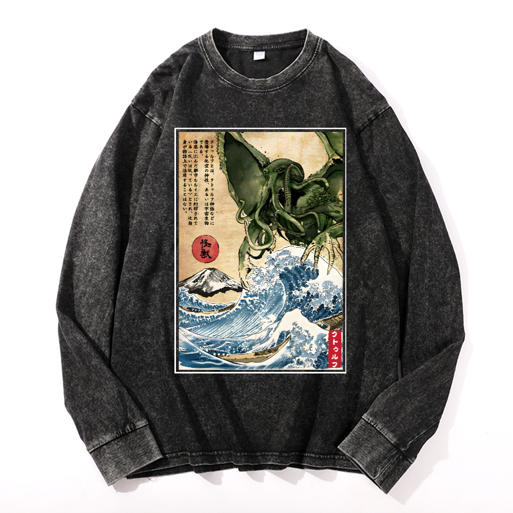 Octopus Ukiyoe Wave Vintage Cotton Wash Crewneck Long-Sleeve T-Shirt