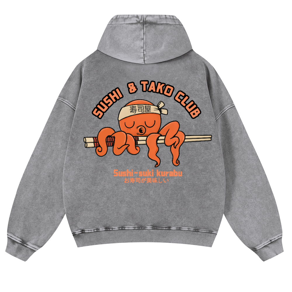 Sushi and Tako Octopus Vintage Washed Cotton Back Art Hoodie