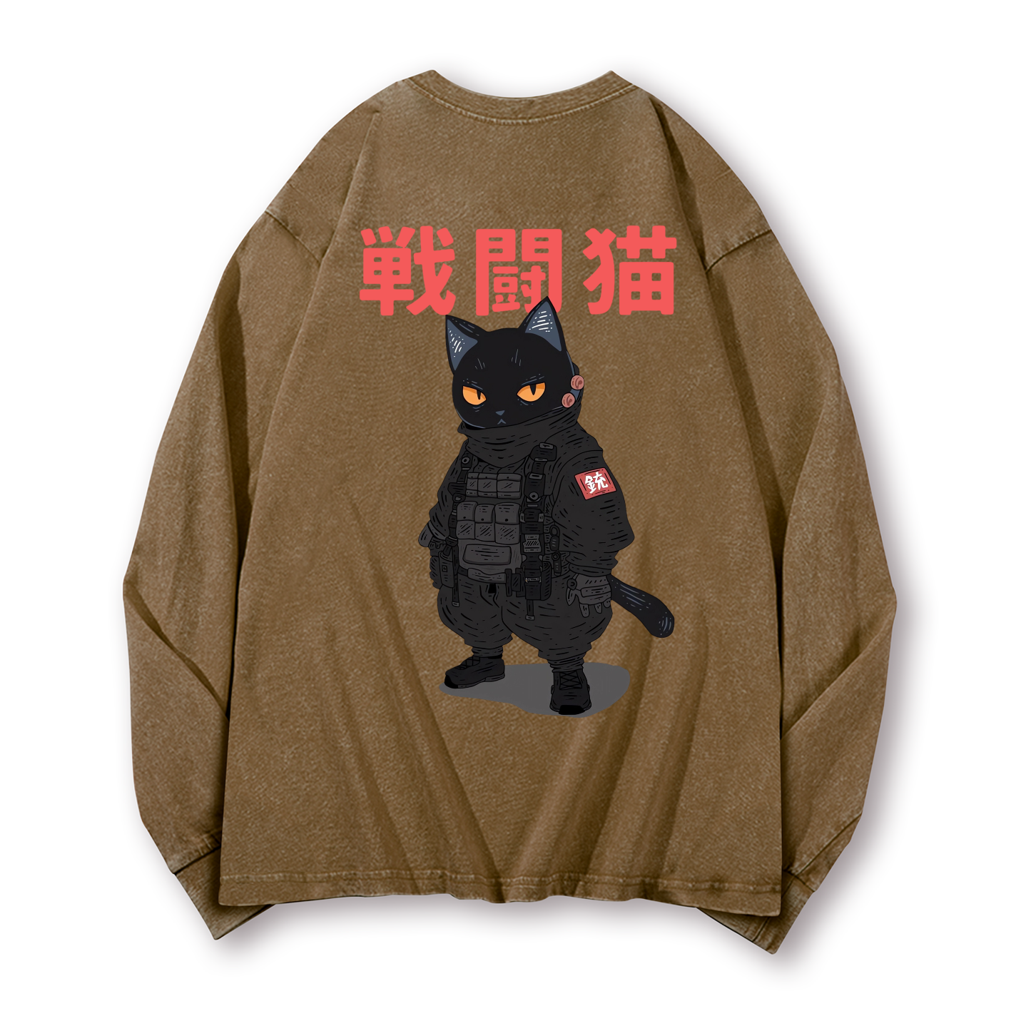 Battle Black Cat Vintage Washed Cotton Back Art Long-sleeve T-shirt