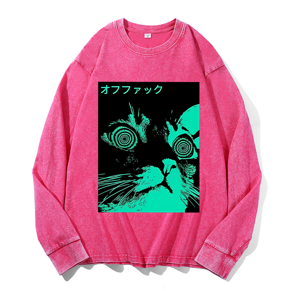 Enigmatic Cat Eyes Vintage Cotton Wash Crewneck Long-Sleeve T-Shirt