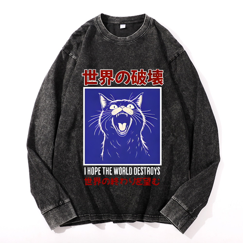 Cat Vintage Cotton Wash Crewneck Long-Sleeve T-Shirt