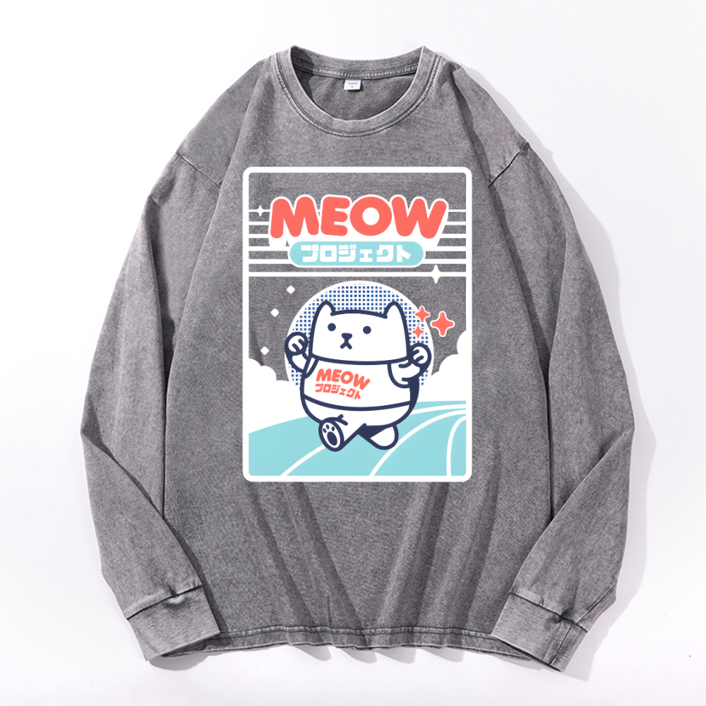 Meow Cat Vintage Cotton Wash Crewneck Long-Sleeve T-Shirt