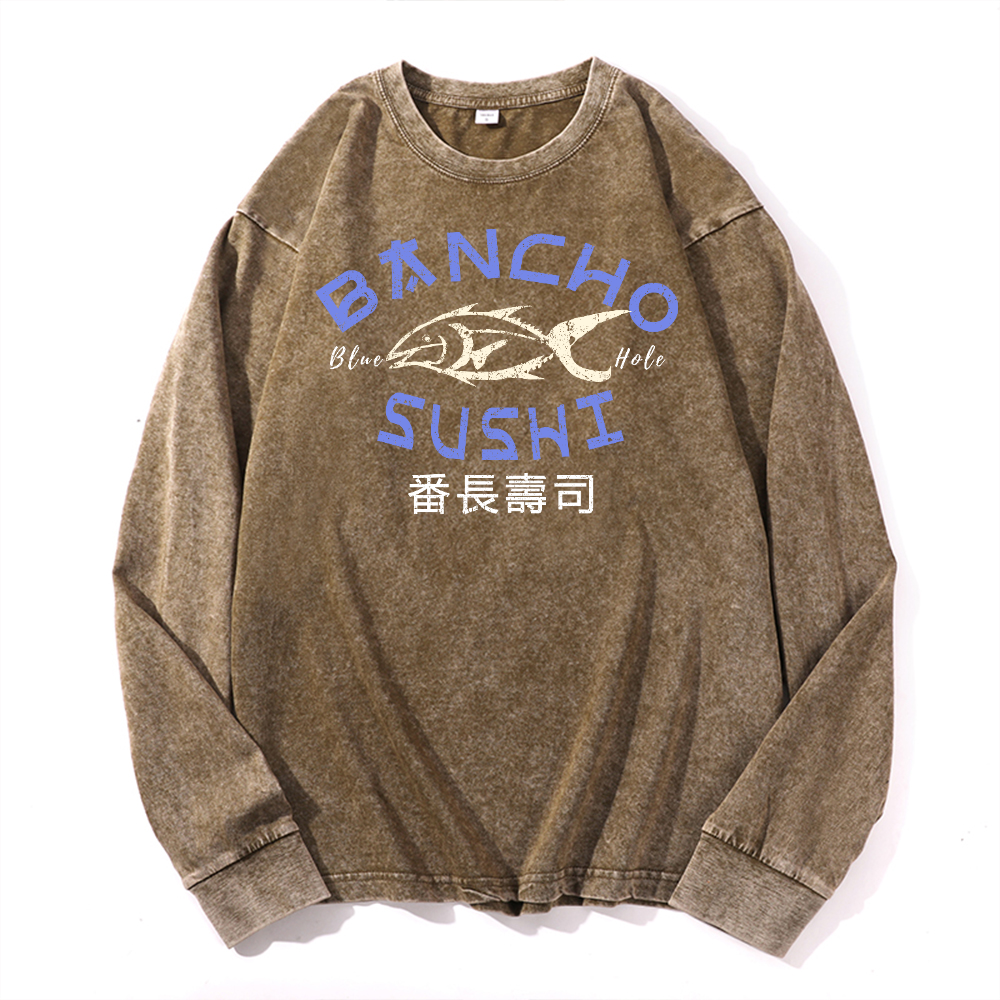 Bancho Sushi Vintage Cotton Wash Crewneck Long-Sleeve T-Shirt