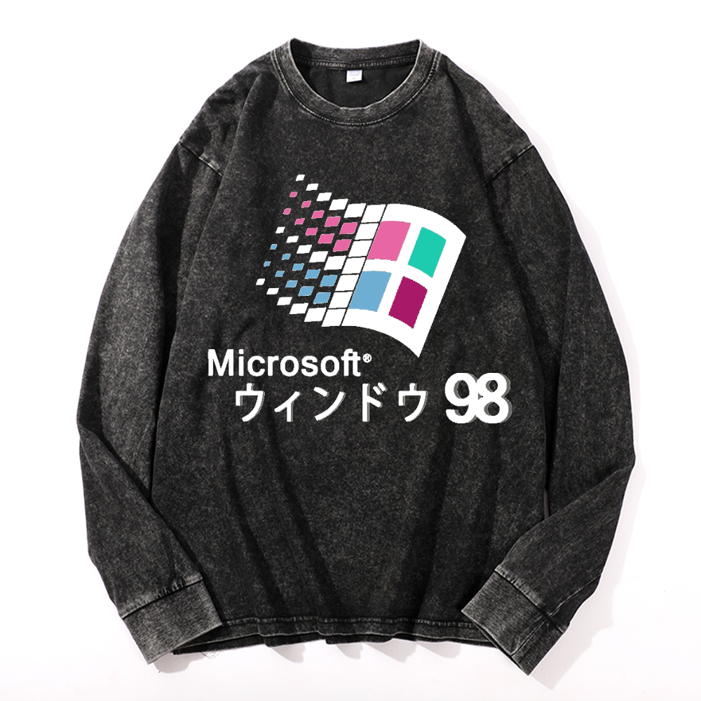 Microsoft Windows 98 Vintage Cotton Wash Crewneck Long-Sleeve T-Shirt