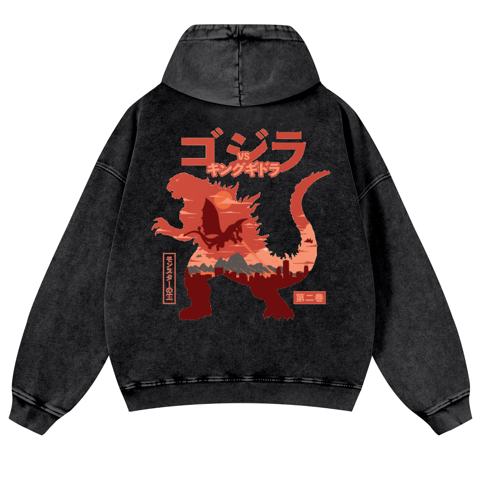 Kaiju vs. King Ghidorah Showdown Vintage Washed Cotton Back Art Hoodie