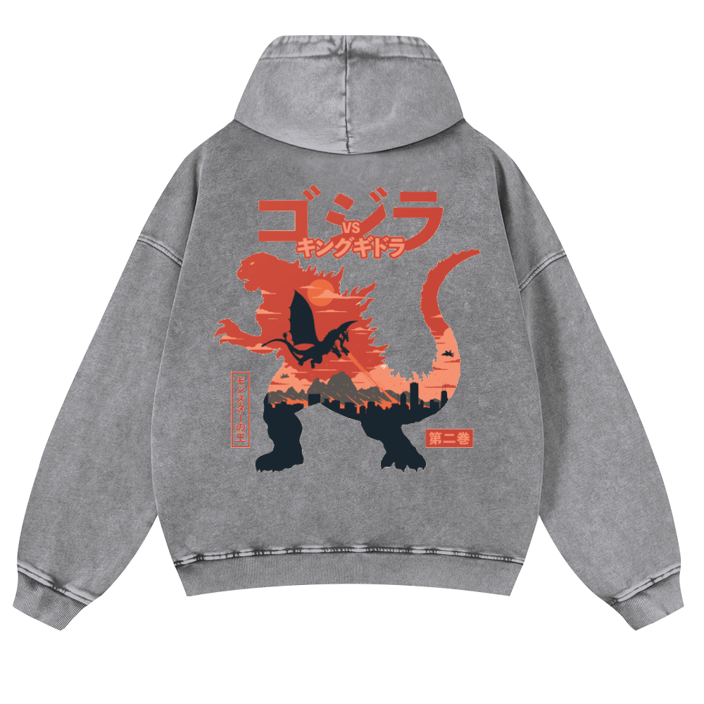 Kaiju vs. King Ghidorah Showdown Vintage Washed Cotton Back Art Hoodie