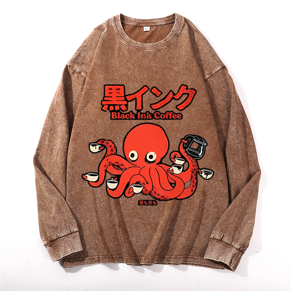 Octopus Coffee Vintage Cotton Wash Crewneck Long-Sleeve T-Shirt