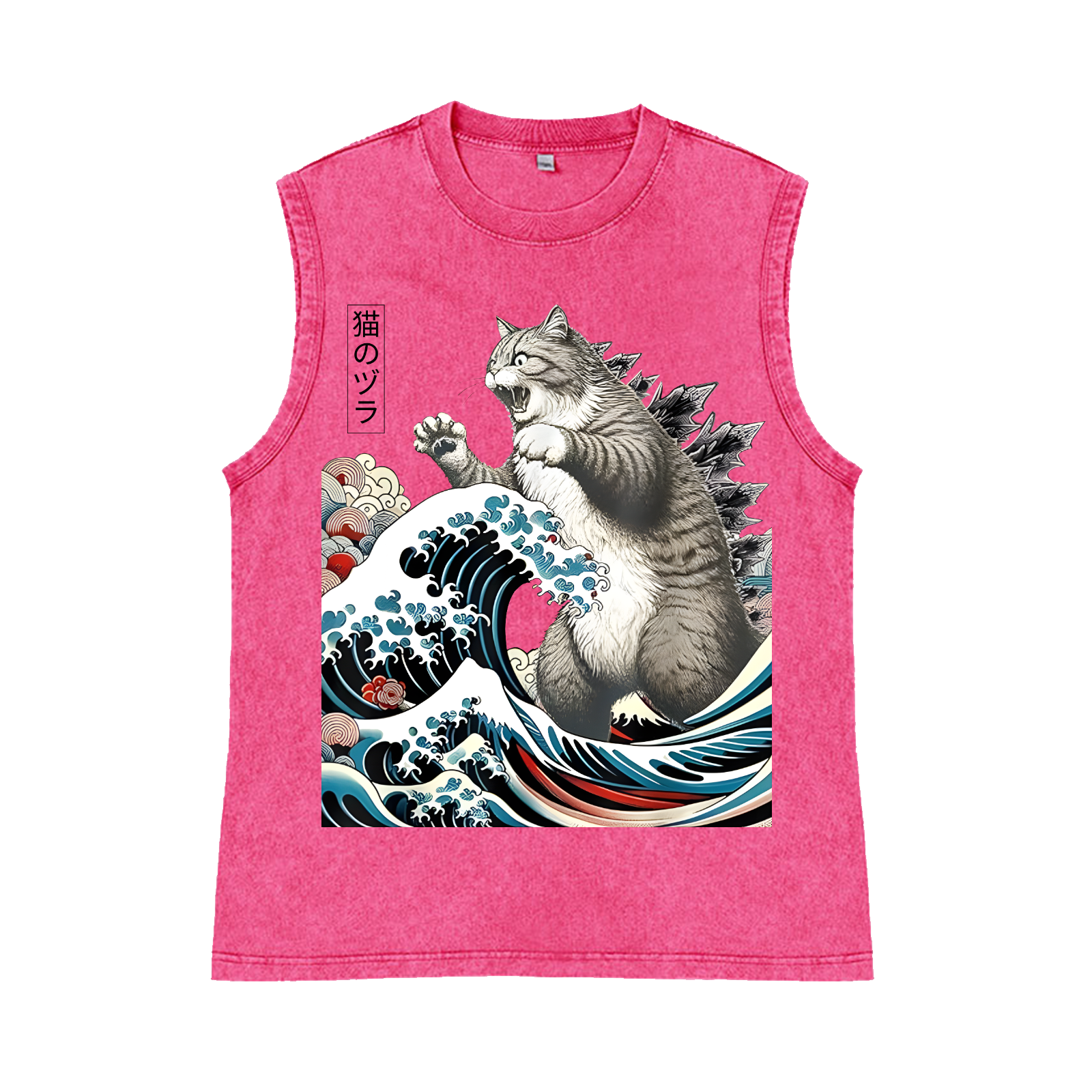 Cat Kaiju Ukiyoe Great Wave Pure Cotton Wash-Dyed Sleeveless Tank Top