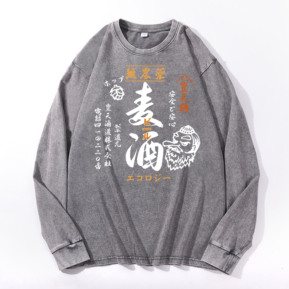 Tengu Beer Vintage Cotton Wash Long-sleeve T-shirt