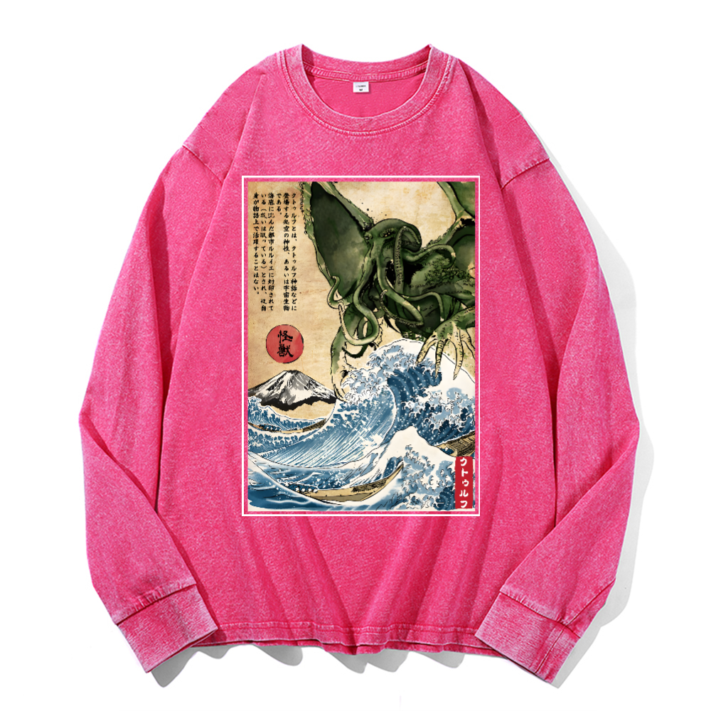 Octopus Ukiyoe Wave Vintage Cotton Wash Crewneck Long-Sleeve T-Shirt