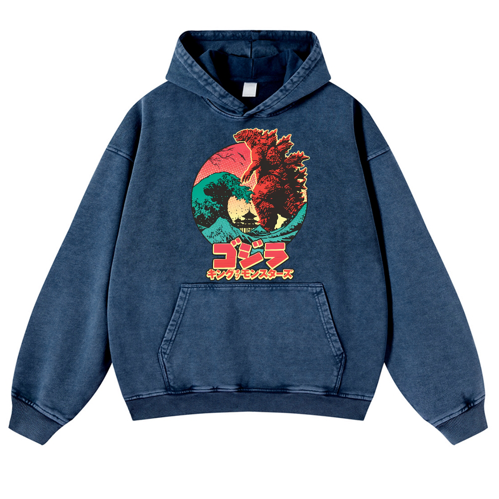 Kaiju Wave Vintage Washed Thick Cotton Hoodie
