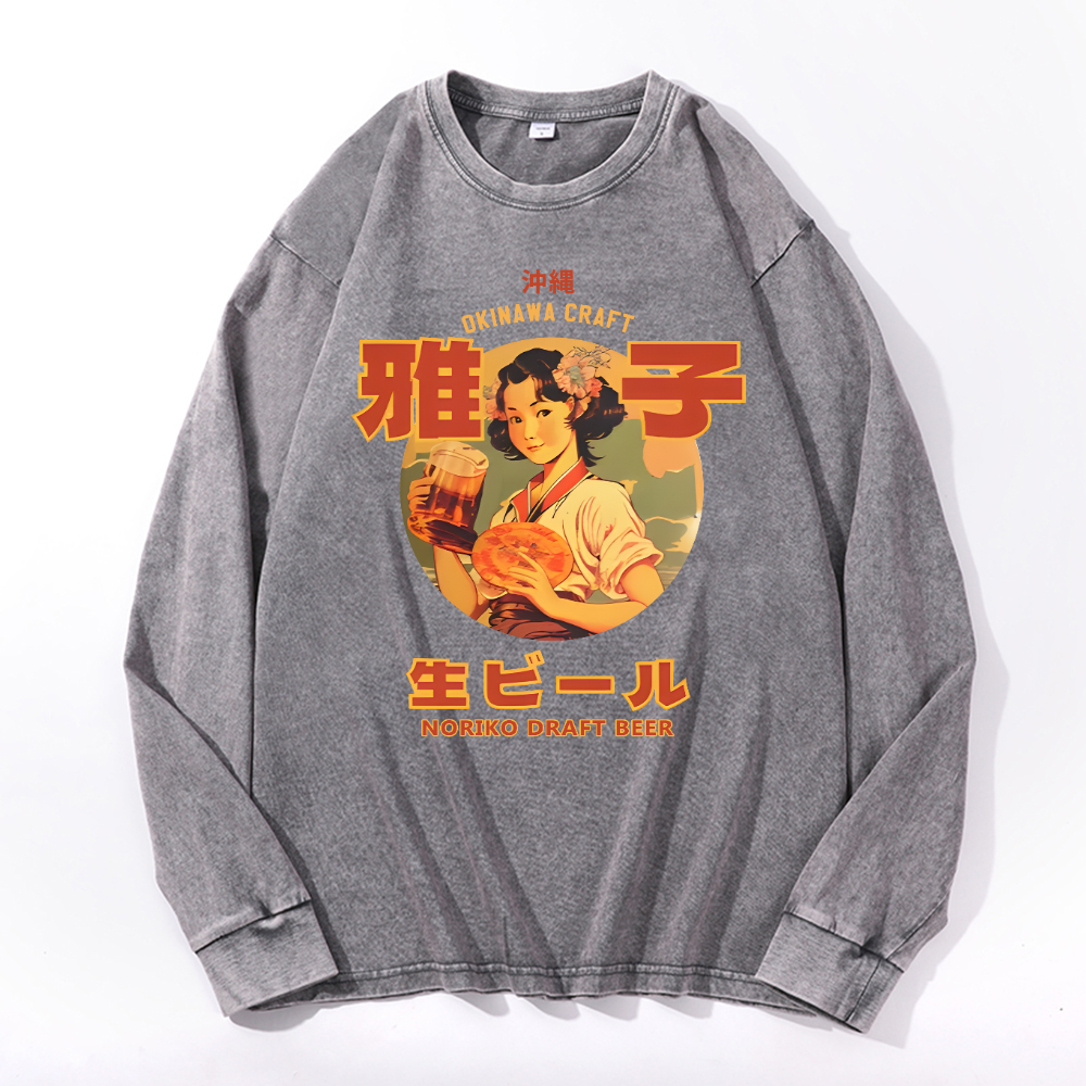 Okinawa Noriko Draft Beer Vintage Cotton Wash Long-sleeve T-shirt