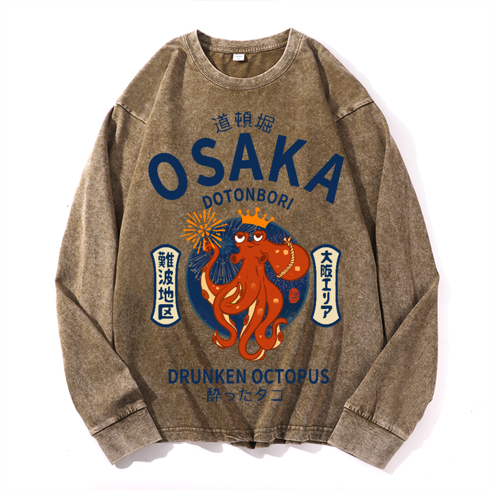 Osaka Dotonbori Drunken Octopus Vintage Cotton Wash Crewneck Long-Sleeve T-Shirt