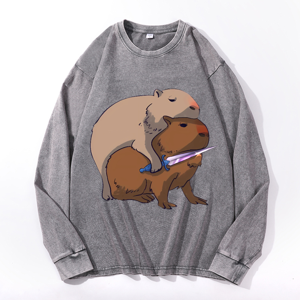 Capybara Vintage Cotton Wash Crewneck Long-Sleeve T-Shirt