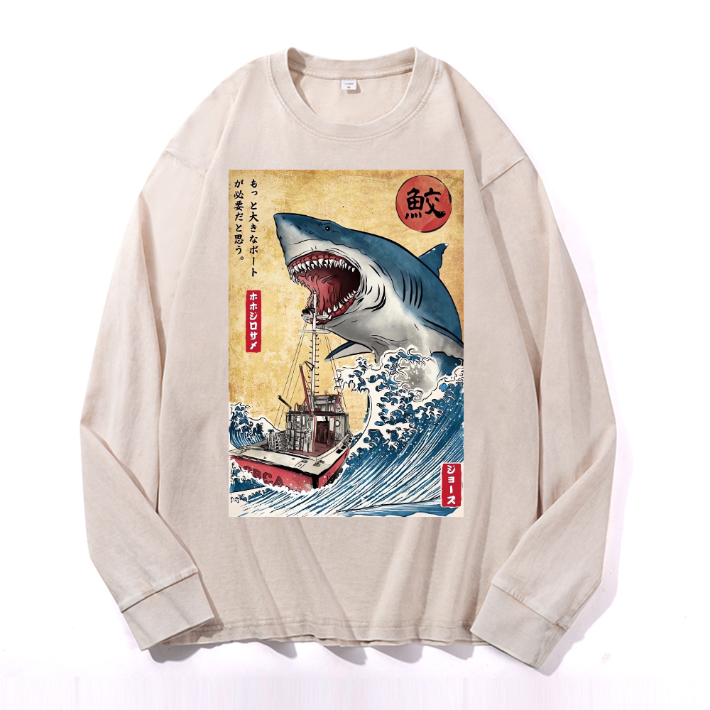Shark Ukiyoe Vintage Cotton Wash Crewneck Long-Sleeve T-Shirt