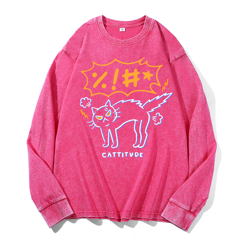 Cat Cattitude Vintage Cotton Wash Crewneck Long-Sleeve T-Shirt