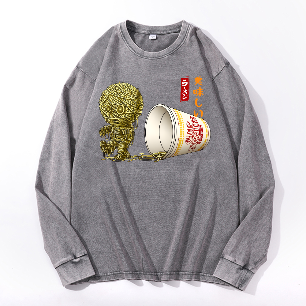Cup Noodle Mummy Vintage Cotton Wash Crewneck Long-Sleeve T-Shirt
