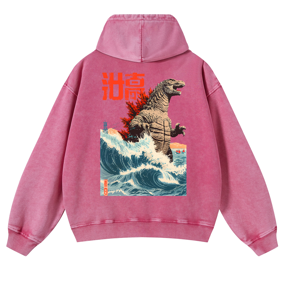 Kaiju Wave Vintage Washed Cotton Back Art Hoodie