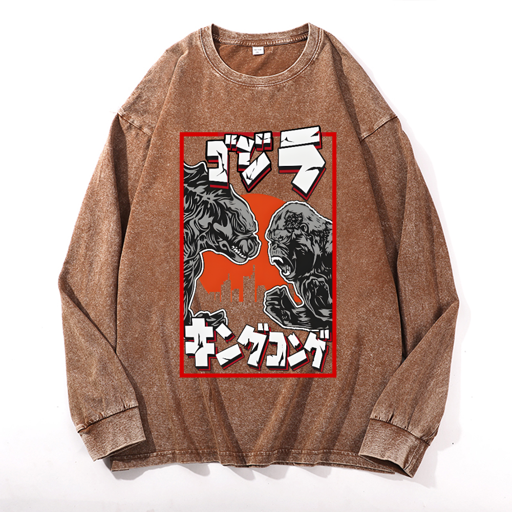 Kaiju VS King Kong Vintage Cotton Wash Long-sleeve T-shirt