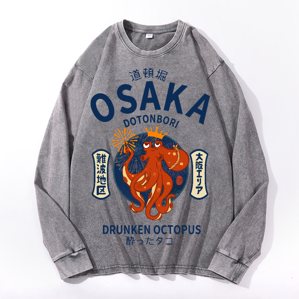 Osaka Dotonbori Drunken Octopus Vintage Cotton Wash Crewneck Long-Sleeve T-Shirt