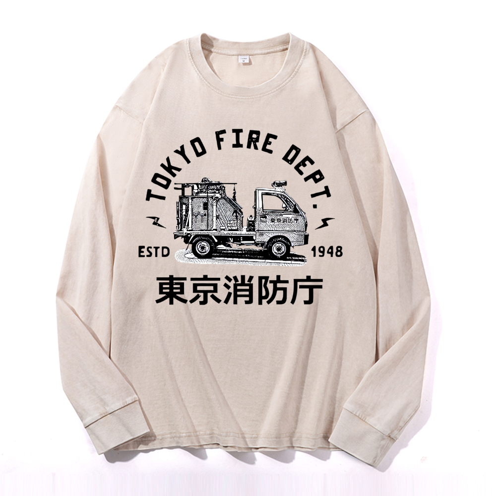 Mini Fire Truck Vintage Cotton Wash Long-sleeve T-shirt