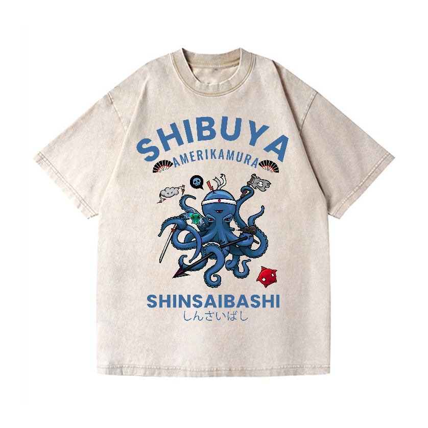 Shibuya Octopus Vintage Wash Japanese Design T-Shirt