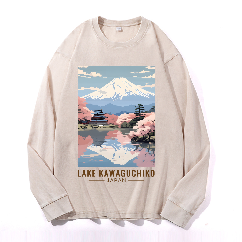 Lake Kawaguchiko Vintage Cotton Wash Crewneck Long-Sleeve T-Shirt