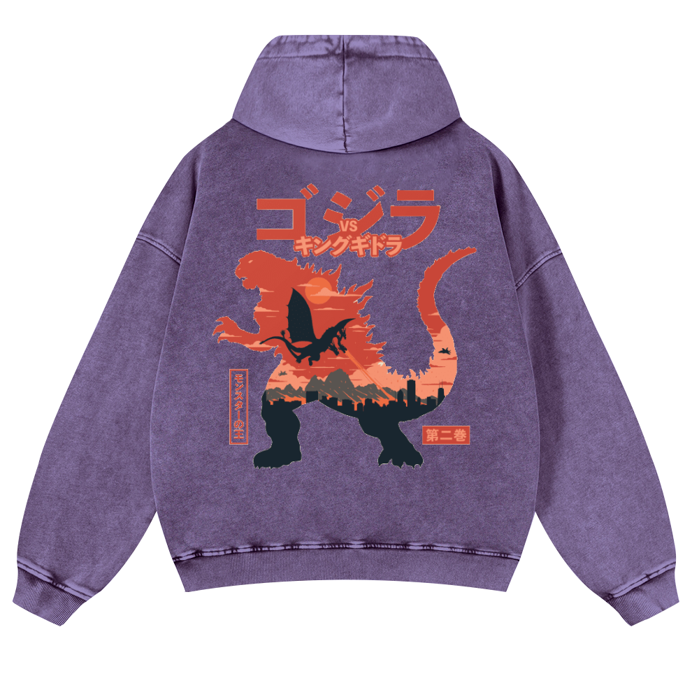 Kaiju vs. King Ghidorah Showdown Vintage Washed Cotton Back Art Hoodie
