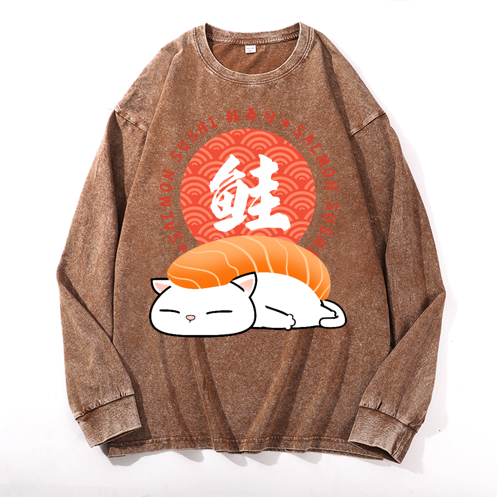 Salmon Sushi Cat Vintage Cotton Wash Crewneck Long-Sleeve T-Shirt