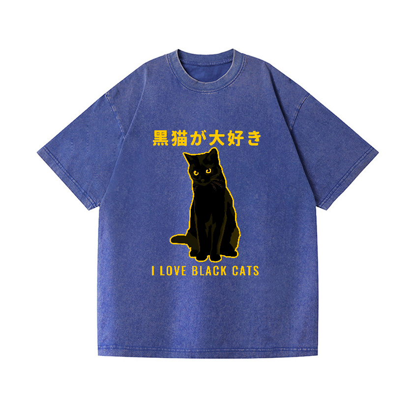 Black Cat Vintage Wash Japanese Design T-Shirt