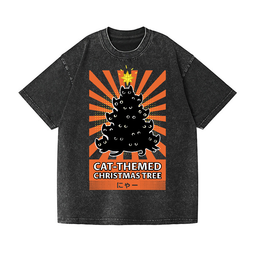 Cat-Themed Christmas Tree Vintage Wash Japanese Design T-Shirt