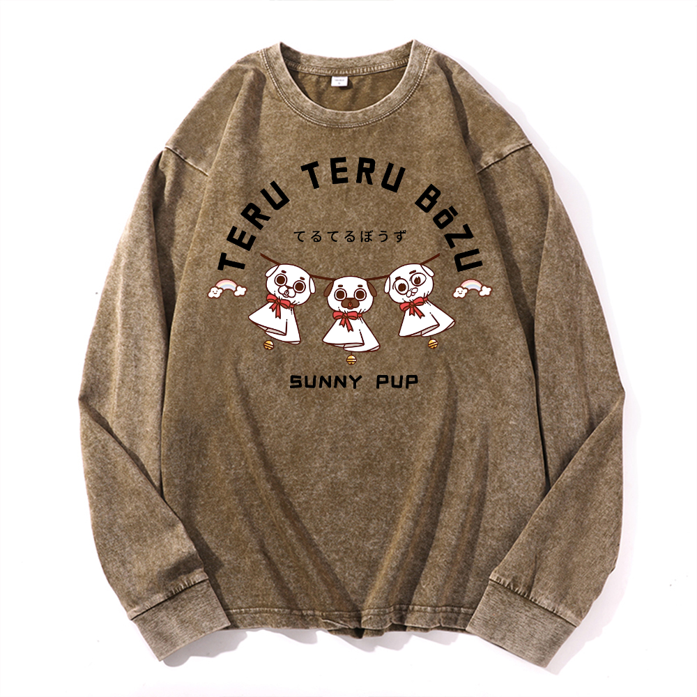 Teru Doll Dog Sunny Pup Vintage Cotton Wash Crewneck Long-Sleeve T-Shirt