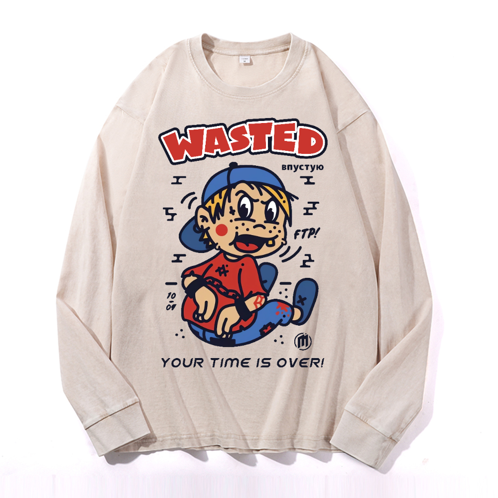Wasted Vintage Cotton Wash Crewneck Long-Sleeve T-Shirt