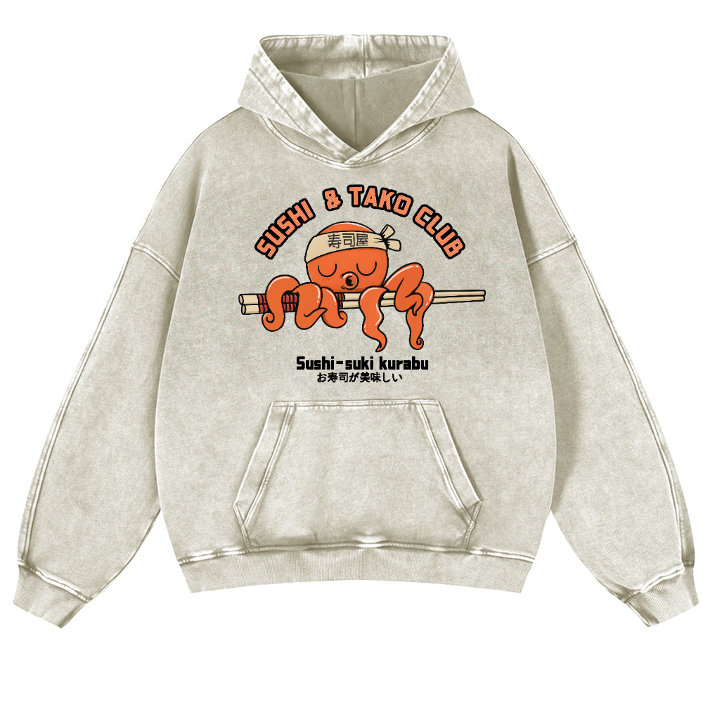 Sushi and Tako Octopus Vintage Washed Thick Cotton Hoodie