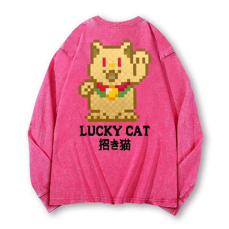 Mosaic Lucky Cat Vintage Washed Cotton Back Art Long-sleeve T-shirt