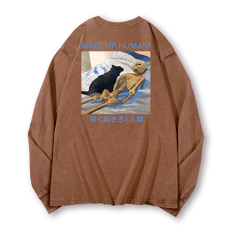 Wake Up Human Vintage Washed Cotton Back Art Long-sleeve T-shirt