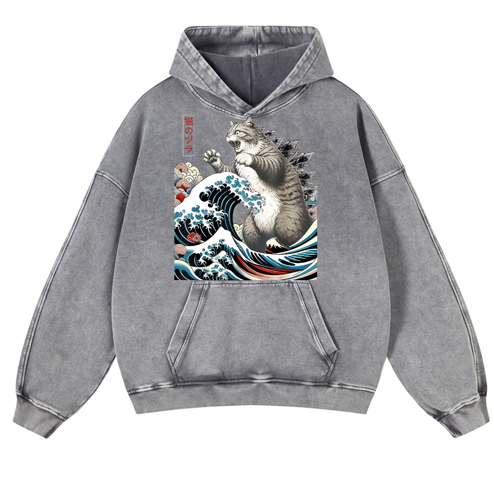 Cat Kaiju Catzilla Ukiyoe Great Wave Vintage Washed Thick Cotton Hoodie