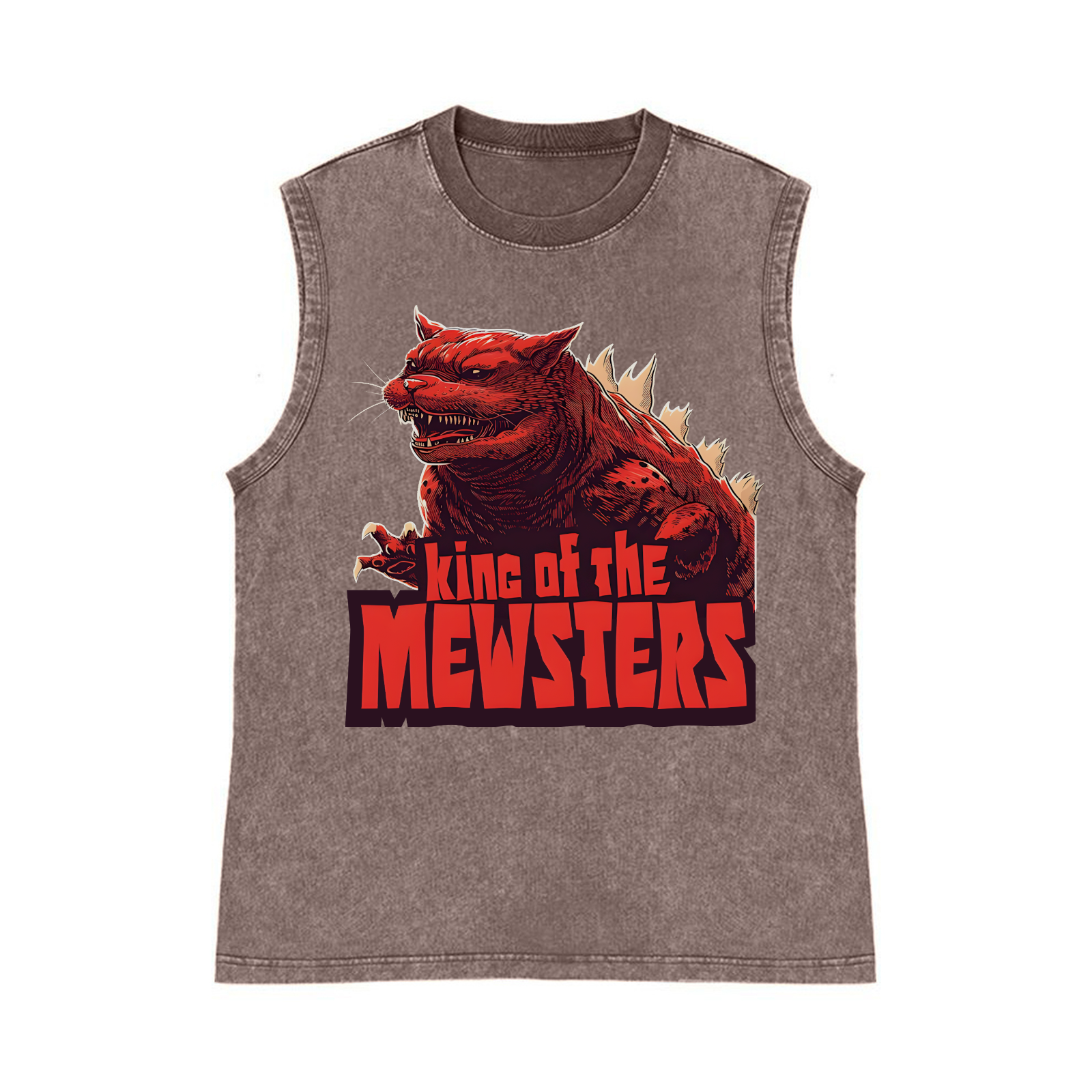 Cat Catzilla Kaiju King Of The Mewsters Pure Cotton Wash-Dyed Sleeveless Tank Top