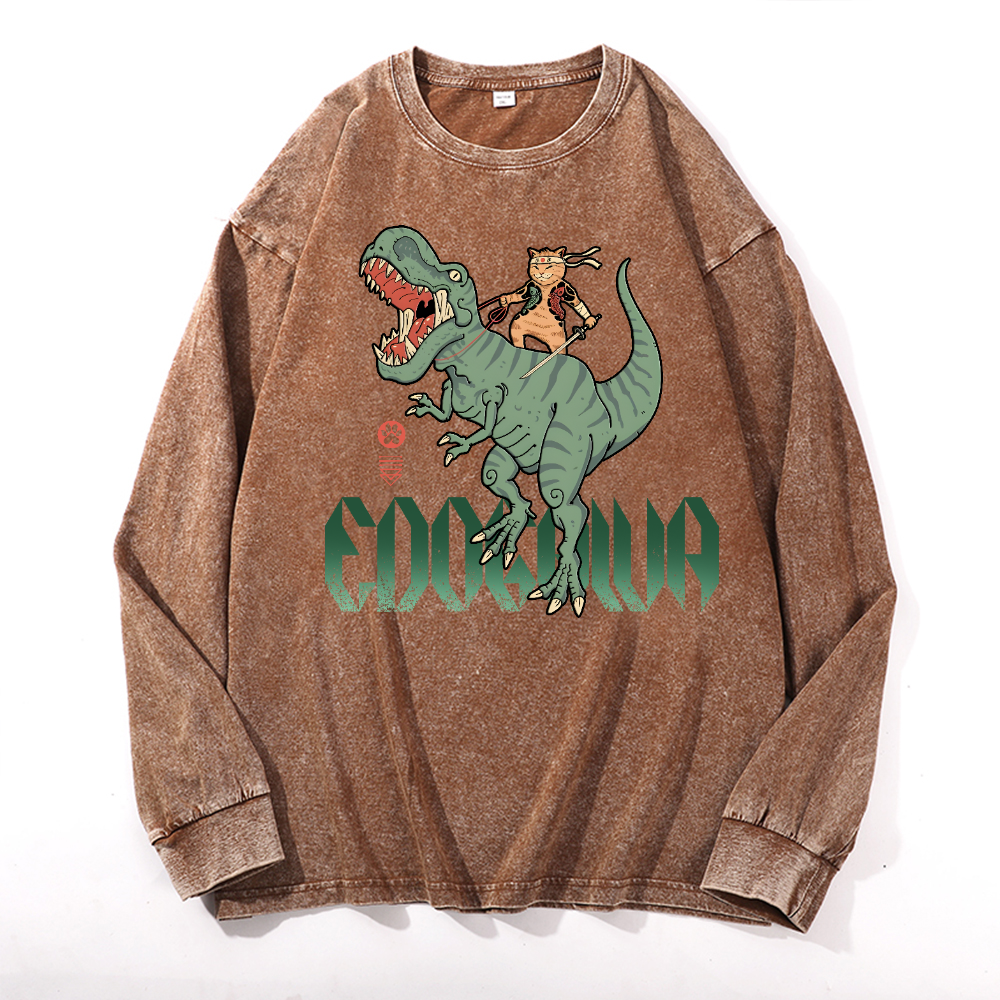 Cat T-Rex Vintage Cotton Wash Crewneck Long-Sleeve T-Shirt