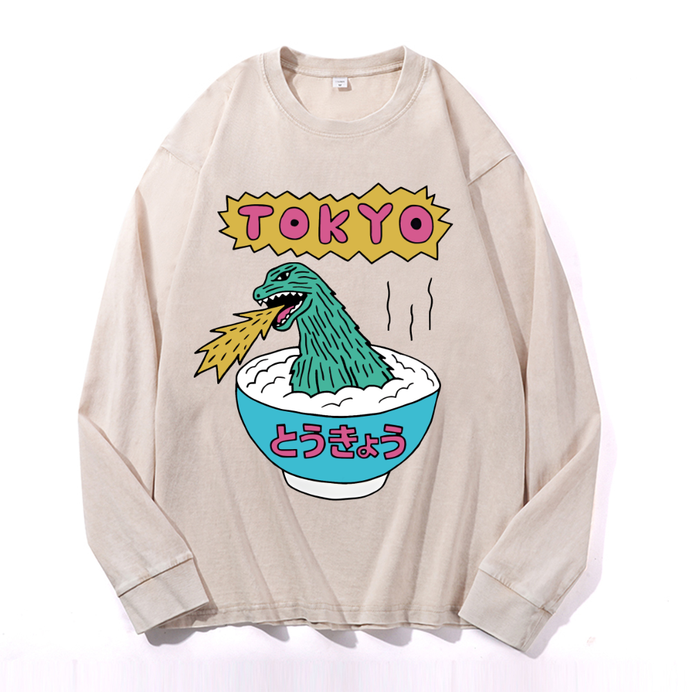 Kaiju Tokyo Vintage Cotton Wash Crewneck Long-Sleeve T-Shirt