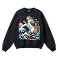 Cat Kaiju Great Wave Vintage Cotton Blend Crewneck Sweatshirt