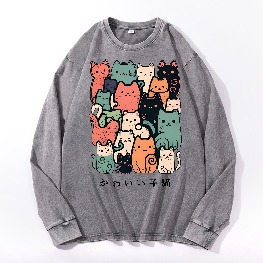 Cat Vintage Cotton Wash Crewneck Long-Sleeve T-Shirt