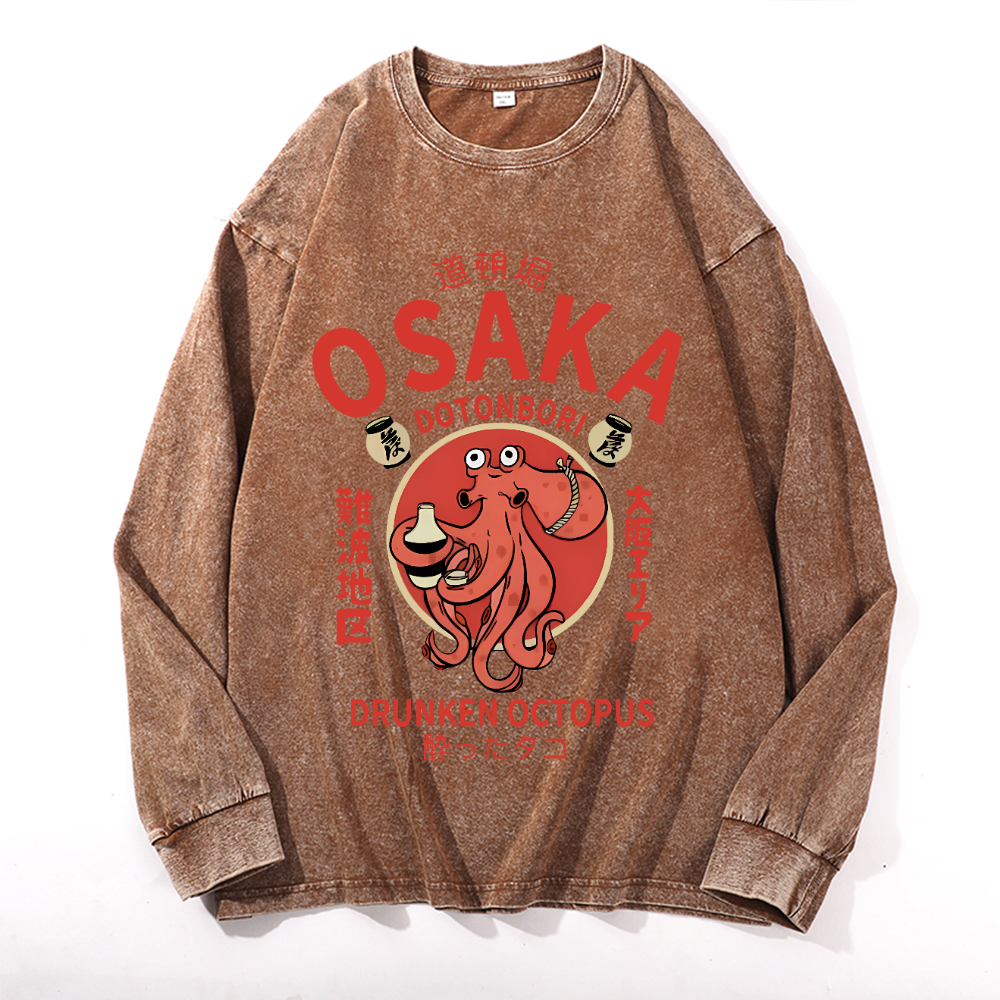 Osaka Dotonbori Drunken Octopus Vintage Cotton Wash Crewneck Long-Sleeve T-Shirt