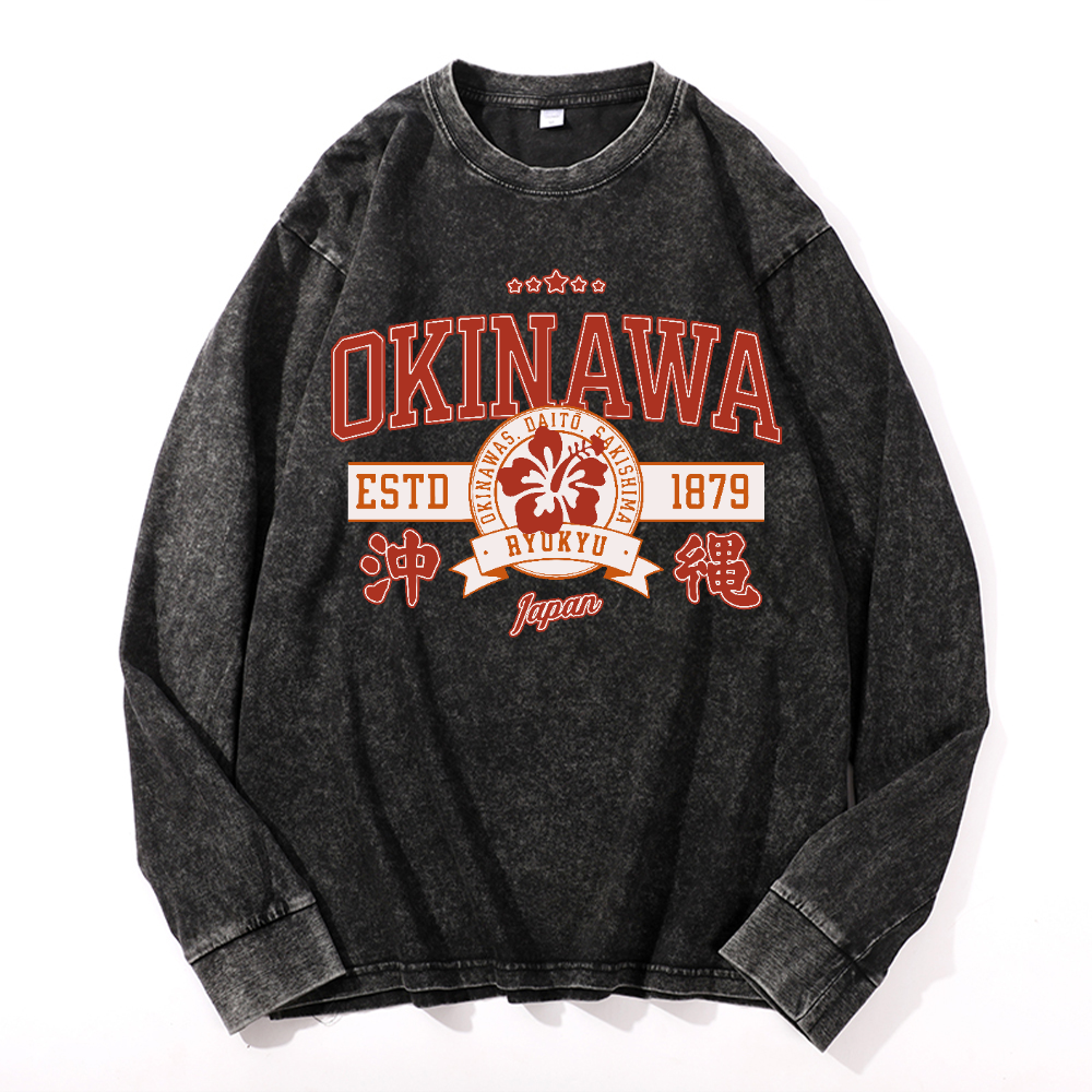 Okinawa Daito Sakishima Ryukyu Vintage Cotton Wash Crewneck Long-Sleeve T-Shirt