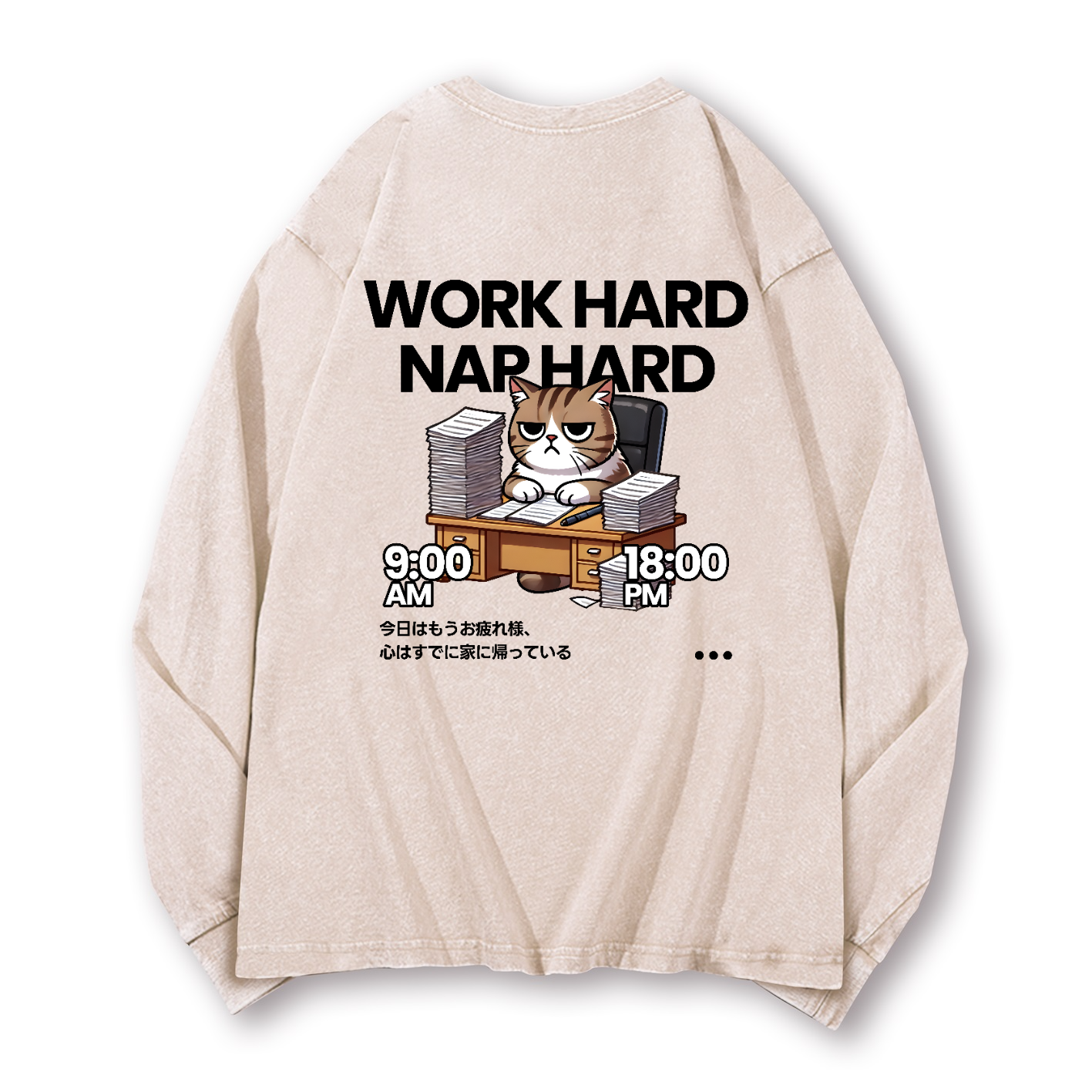 Cat Vintage Washed Cotton Back Art Long-sleeve T-shirt