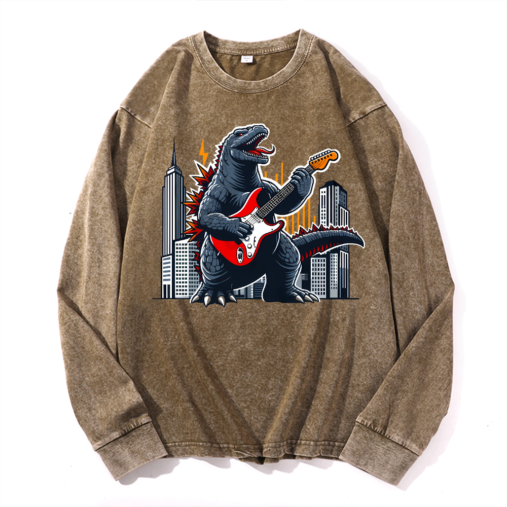 Rock Kaiju Vintage Cotton Wash Crewneck Long-Sleeve T-Shirt