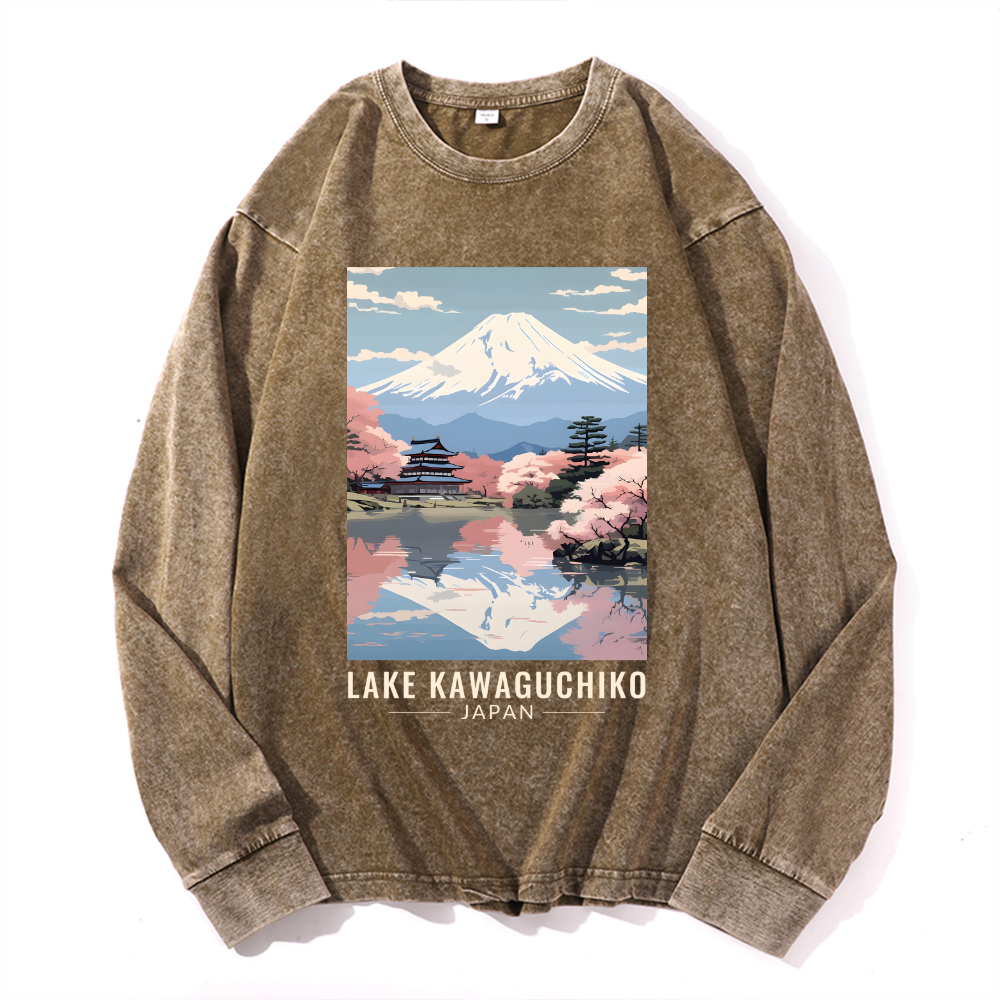 Lake Kawaguchiko Vintage Cotton Wash Crewneck Long-Sleeve T-Shirt